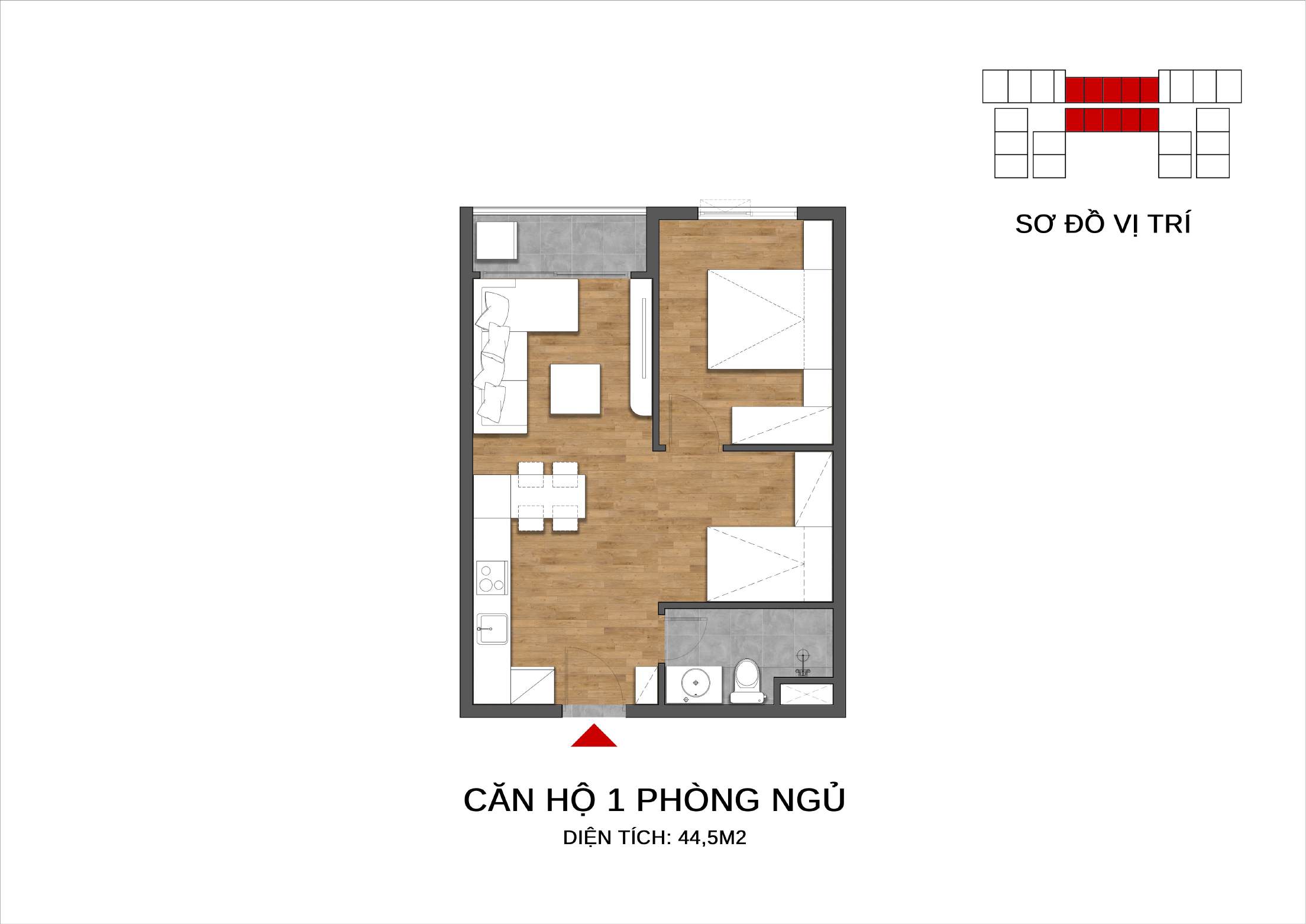 Mặt bằng căn hộ 1 phòng ngủ Sedona Việt Trì ~44,5m2