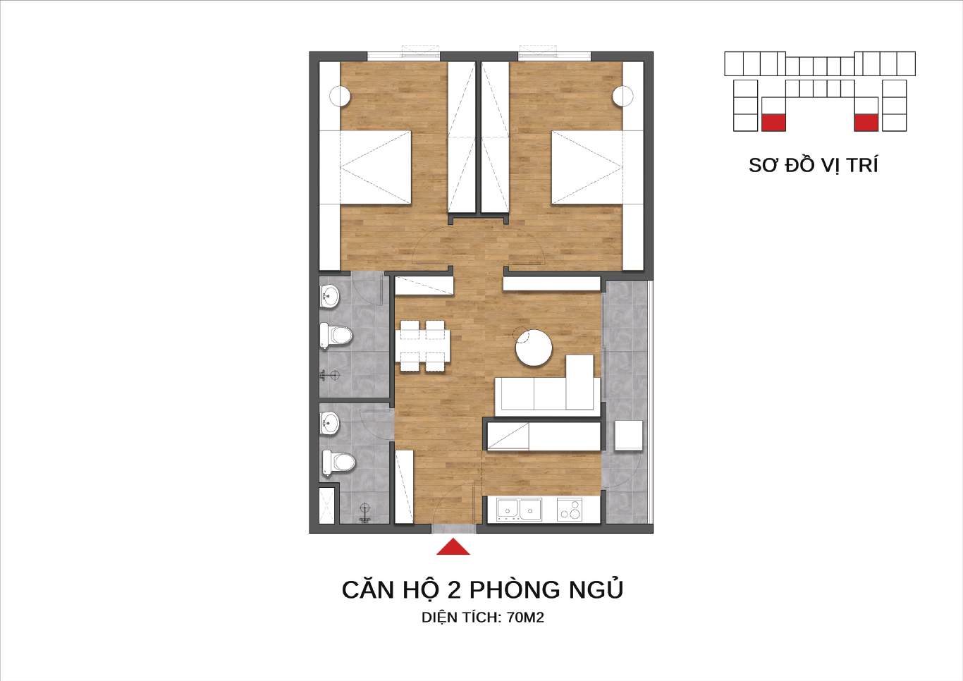 Mặt bằng căn hộ 2 phòng ngủ Sedona Việt Trì ~70m2