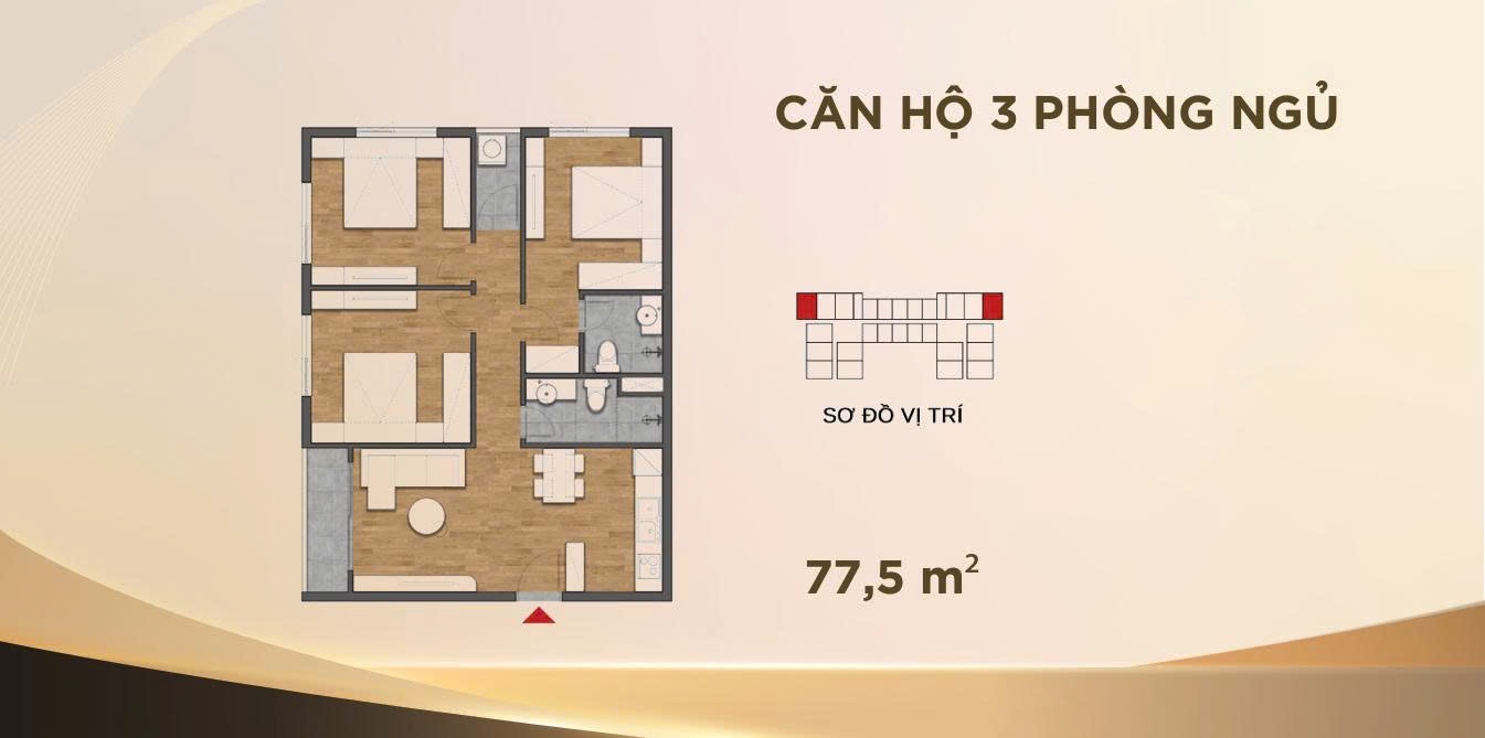 Mặt bằng căn hộ 3 phòng ngủ Sedona Việt Trì tới ~77,5m2