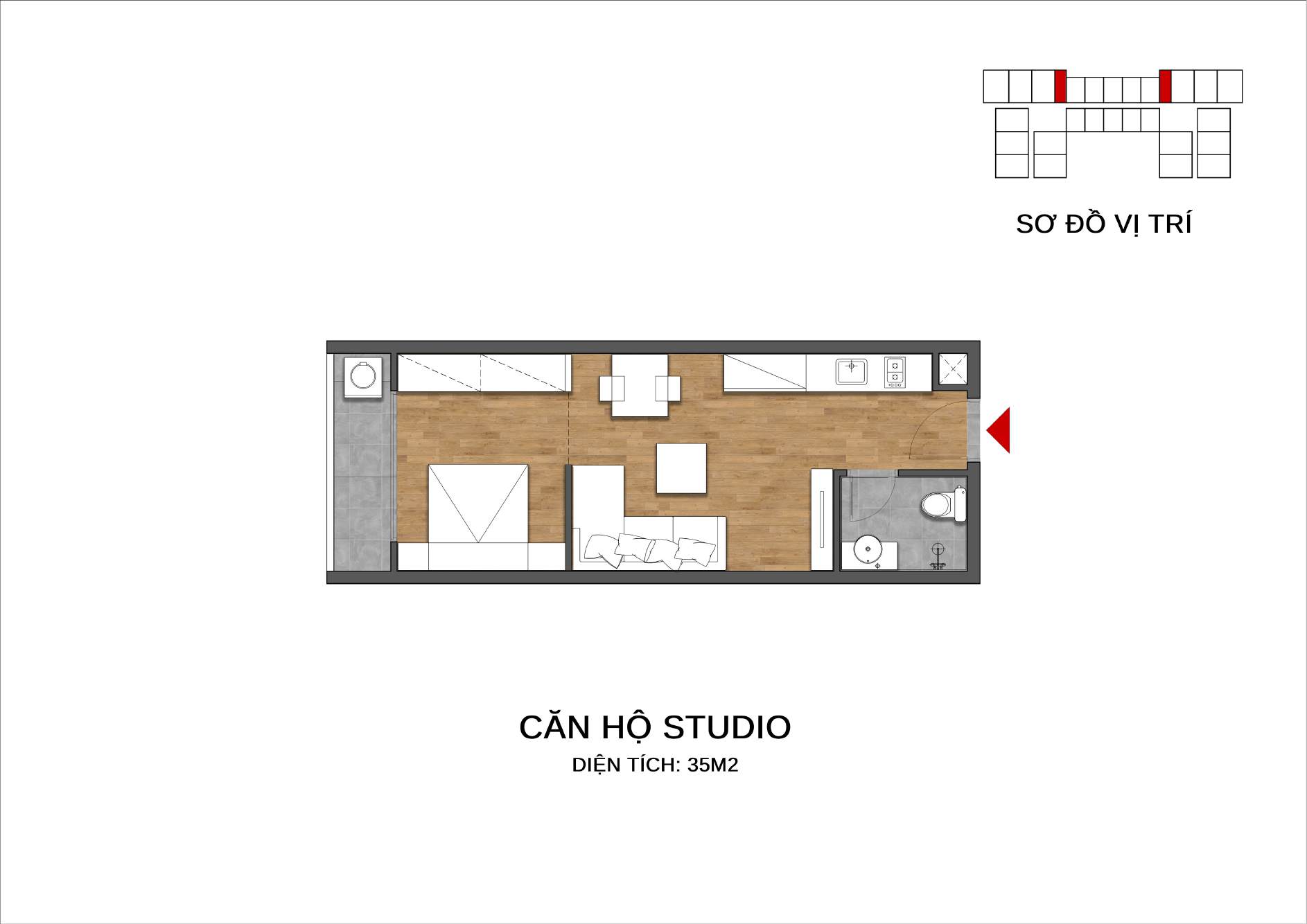 Mặt bằng căn hộ Studio Sedona Việt Trì ~34,5m2